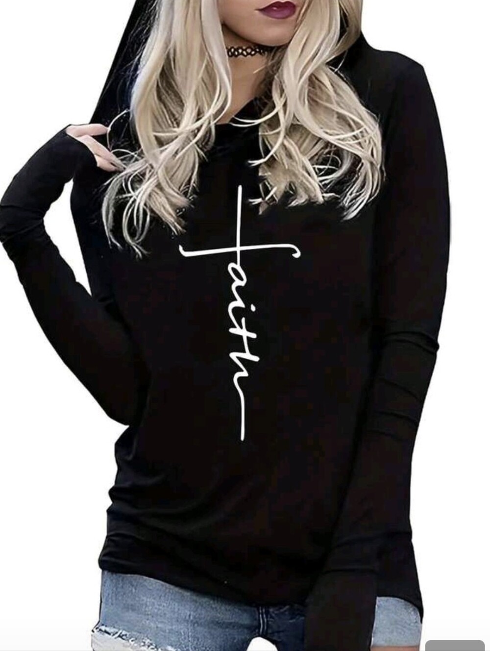 Women's Black 'Faith' Hooded Pullover Long-Sleeve Top Brand New